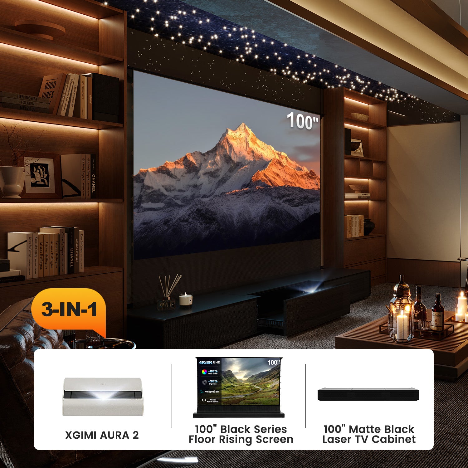 All-in-one Laser TV Bundle: XGIMI AURA 2 UST Projector + 100-inch Black Series ALR Screen + Integrated Matte Black Cabinet