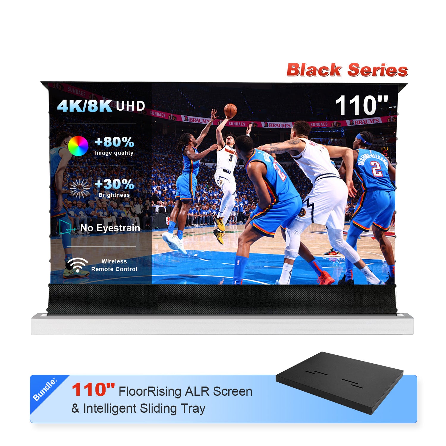 Cinematic 110" NothingProjector ALR floor screen and intelligent sliding tray bundle in action
