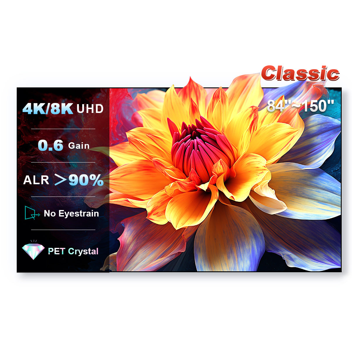 NP fixed frame UST ALR screen 84-150 inch: 4K 8K UHD, 0.6 gain, >90% light rejection, PET Crystal anti-glare for no eyestrain