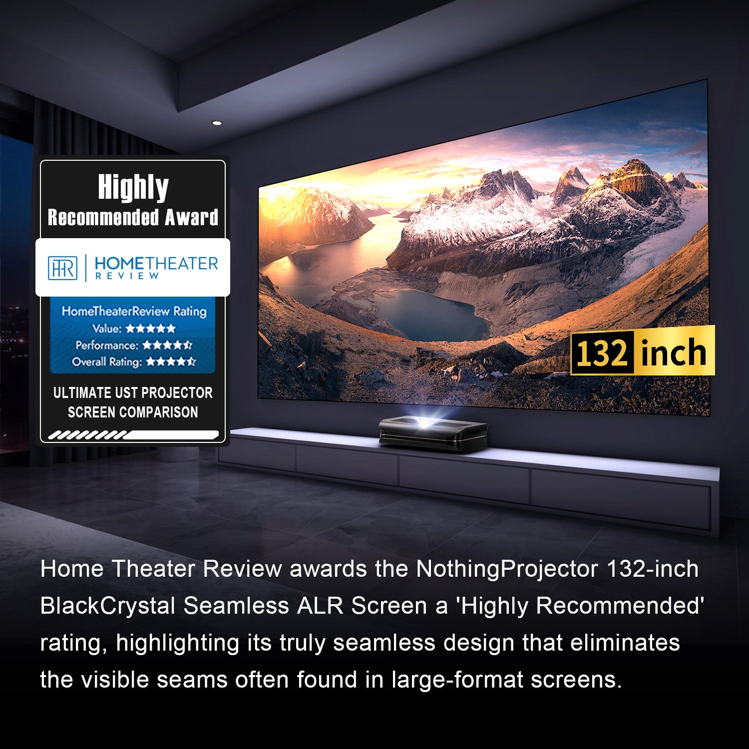 HomeTheaterReview Highly Recommended Award for NothingProjector 132 Inch BlackCrystal Seamless ALR Screen