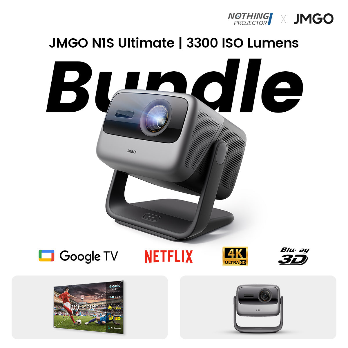 JMGO N1S Ultimate 4K Laser Outdoor Projector 3300 ISO Lumens Google TV with Netflix