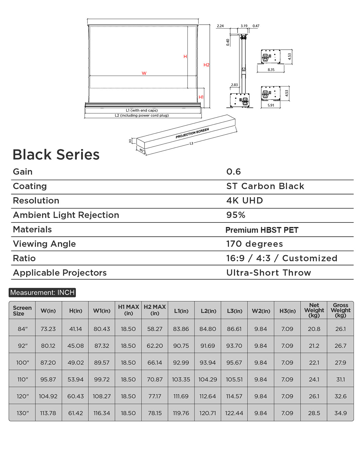 84"-130" NothingProjector Black Series ALR Zmotoryzowany ekran podłogowy + inteligentna wysuwana taca (pakiet)