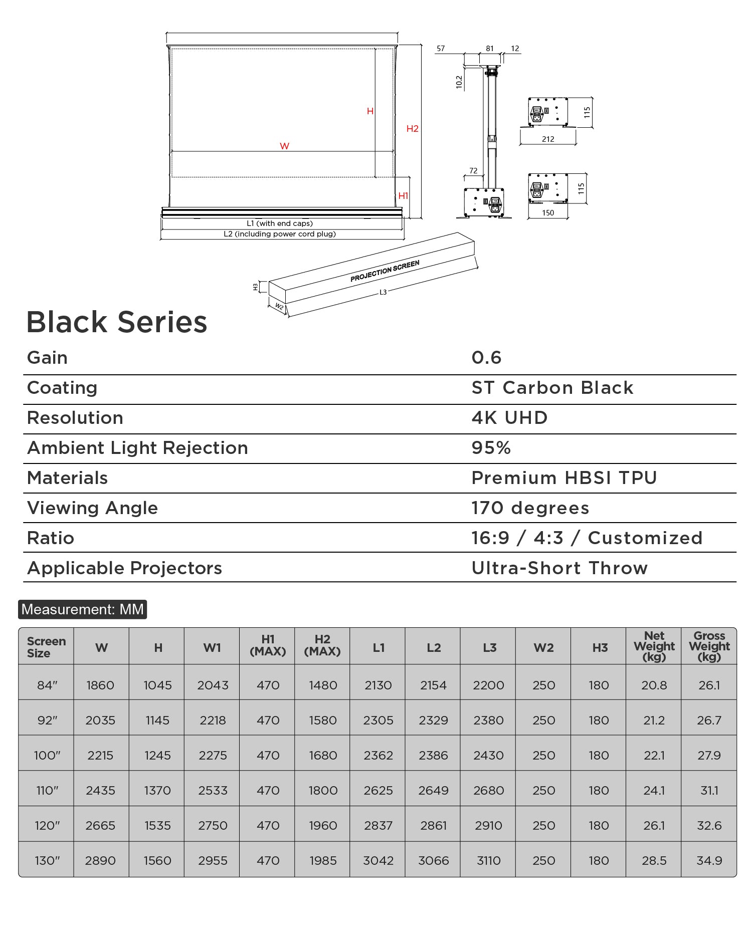 84''-130'' NothingProjector Black Series ALR Motorized Floor Rising Screen For Ultra Short Throw Projector
