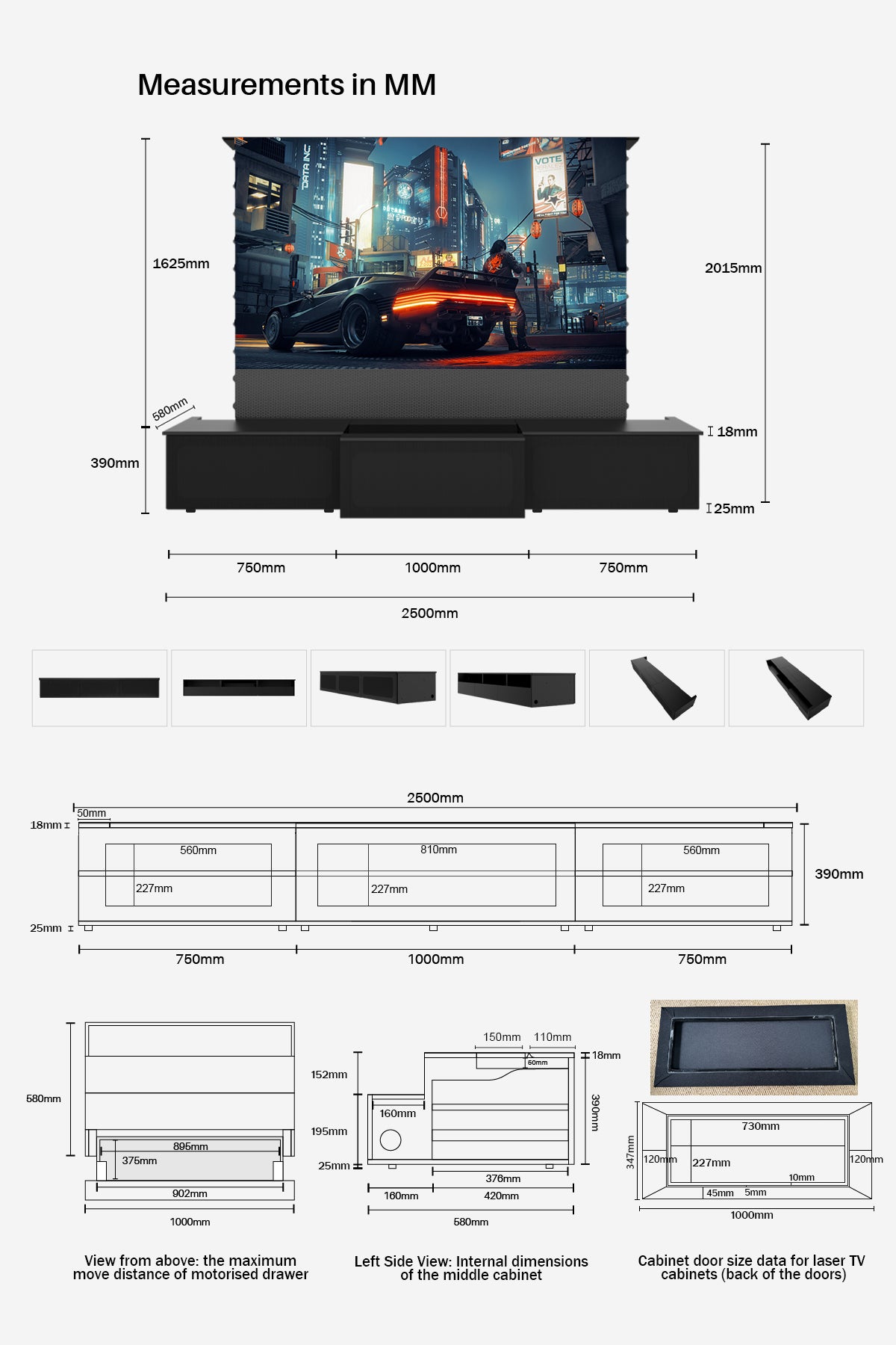 100-120" Shore Schwarzer motorisierter Laser-TV-Flachpackschrank