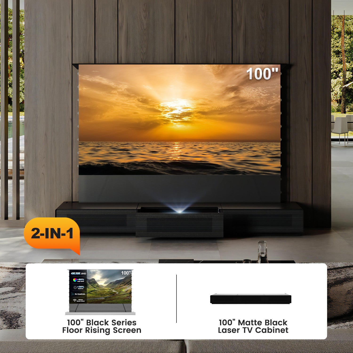 Motorized UST setup including a matte black pre-assembled cabinet perfectly matched with the 100 inch Black Series ALR screen