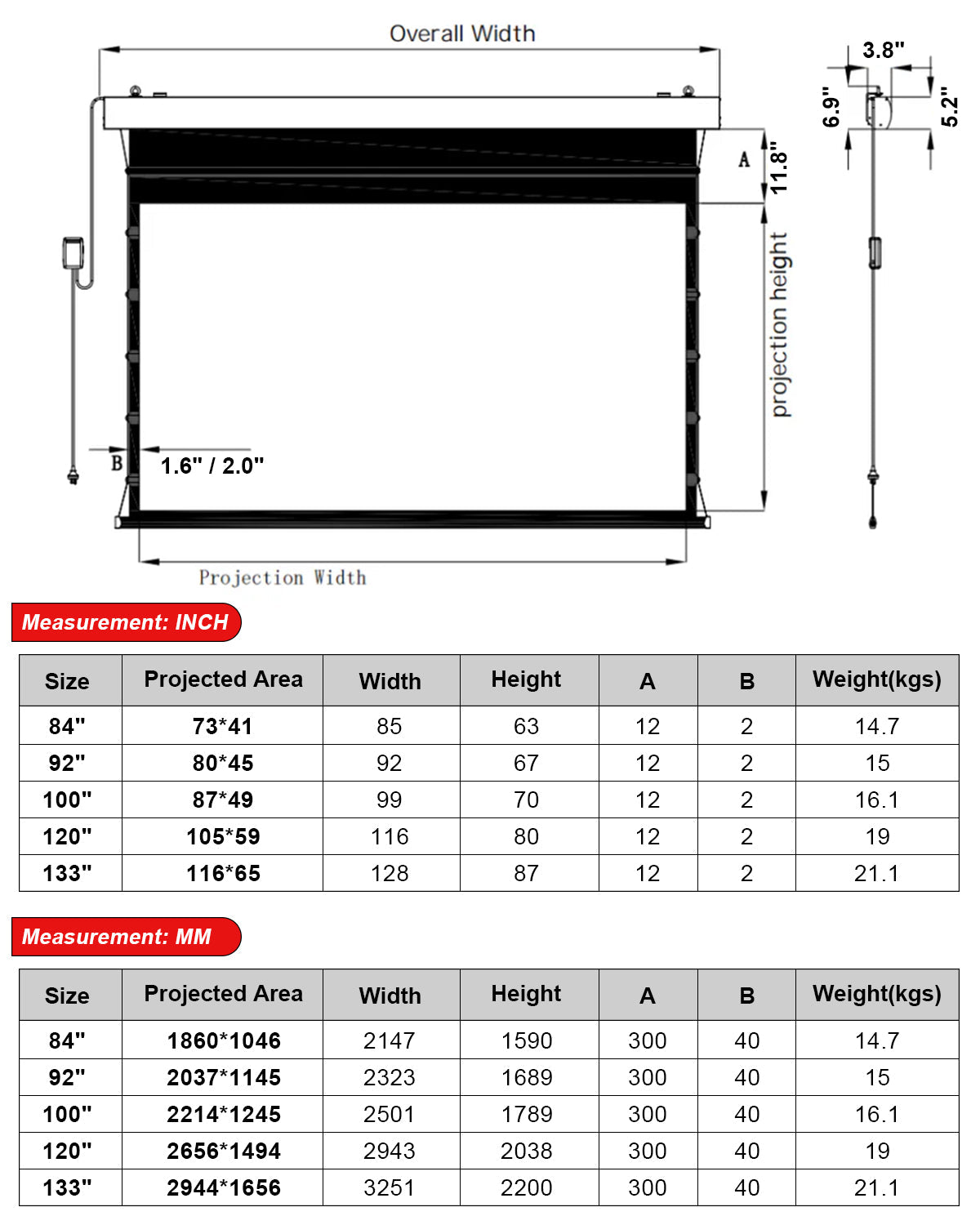 Concealed ceiling integration of the NothingProjector Slimline drop down UST ALR screen size