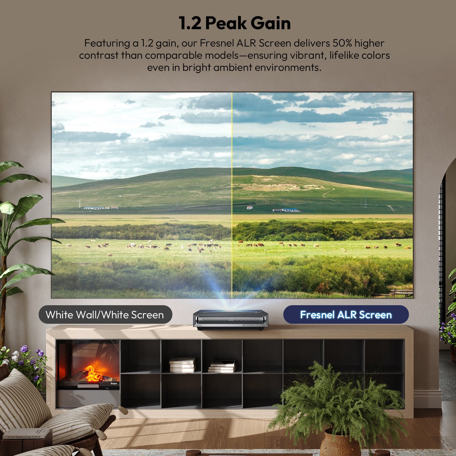1.2 peak gain comparison of NothingProjector Fresnel ALR Screen delivering 50% higher contrast versus a white wall