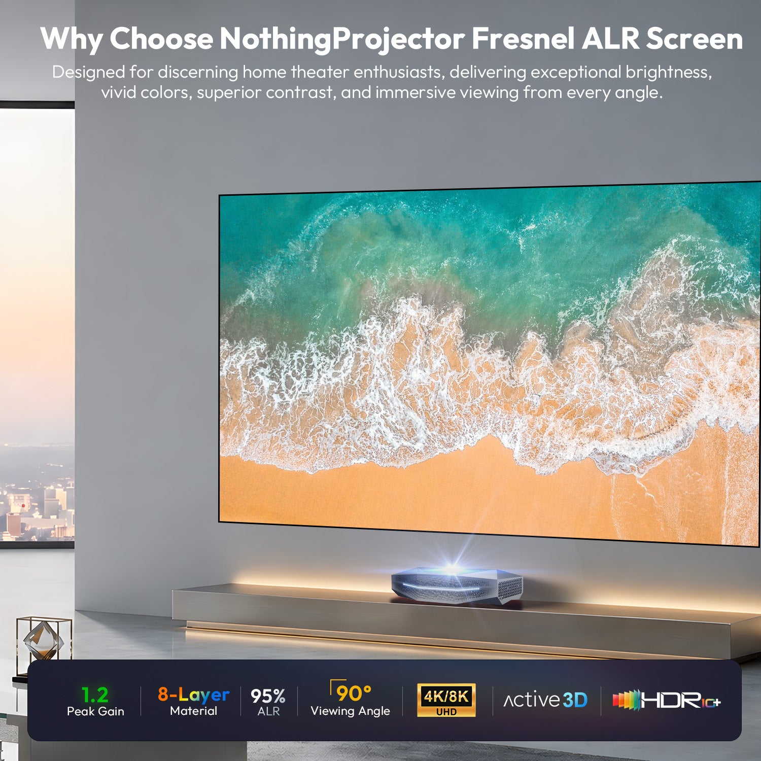 Feature overview of NothingProjector Fresnel ALR Screen highlighting 1.2 gain, 8-layer optical structure, 95% ALR, and 4K 8K support