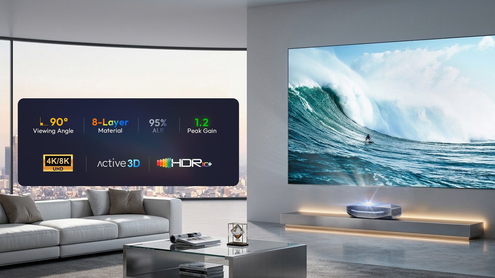 NothingProjector Fresnel ALR Screen specifications highlighting 1.2 Peak Gain, 95% Ambient Light Rejection, and 8-Layer material for 4K 8K HDR10+ UST projectors
