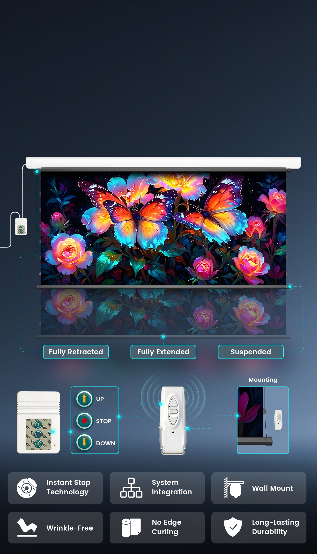 Motorized Drop Down Screen Precision Height Control with Memory Function RF Remote and Wired Wall Switch Setup
