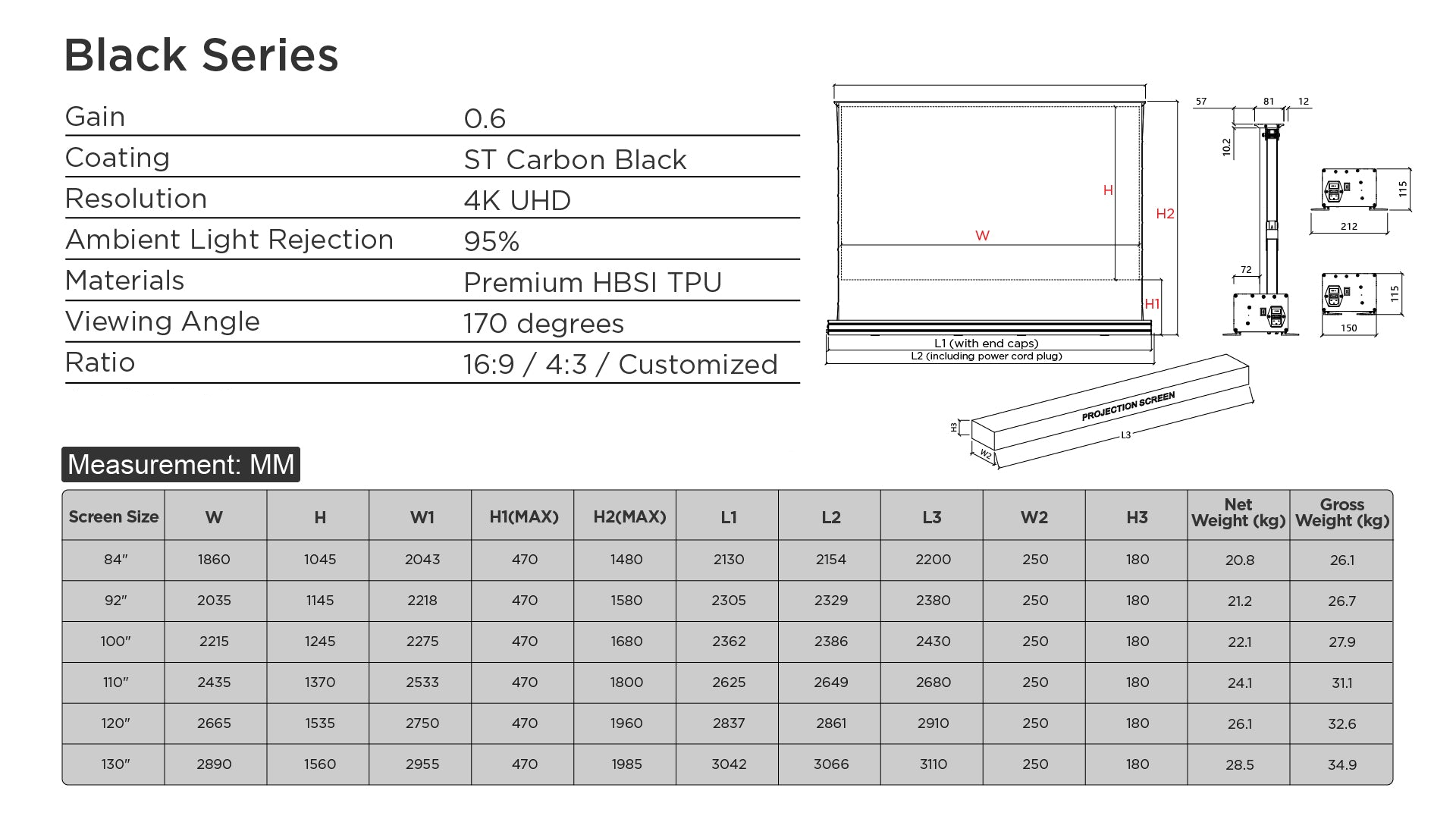 84''-130'' NothingProjector Black Series ALR Motorized Floor Rising Screen For Standard/Long Throw Projector