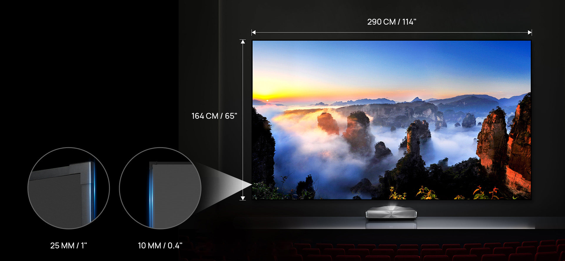 NothingProjector 132-inch UST ALR screen with ultra-narrow 10mm bezel, designed to sit flush against the wall for an immersive viewing experience.