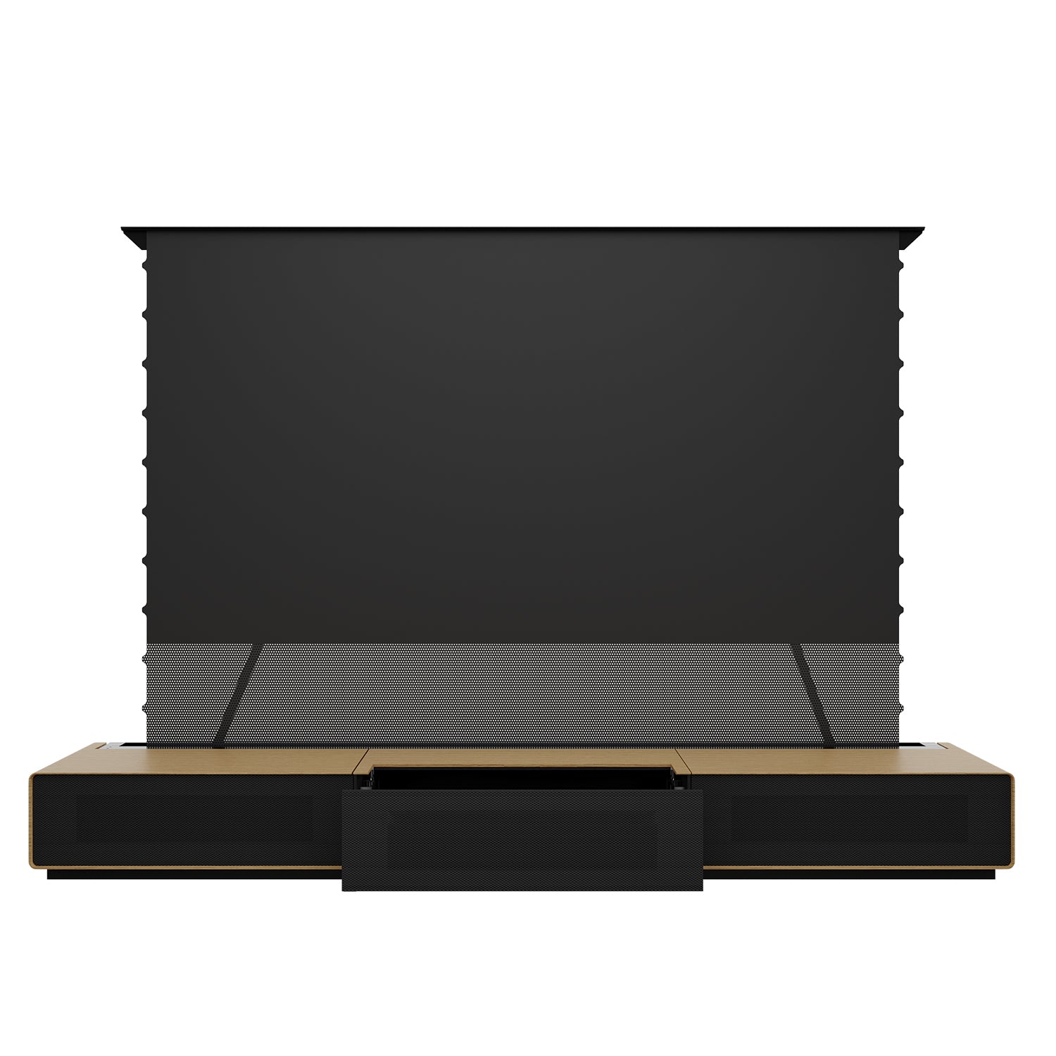 Front view of the Shore Oak UST cabinet featuring black perforated mesh panels for optimal sound and airflow