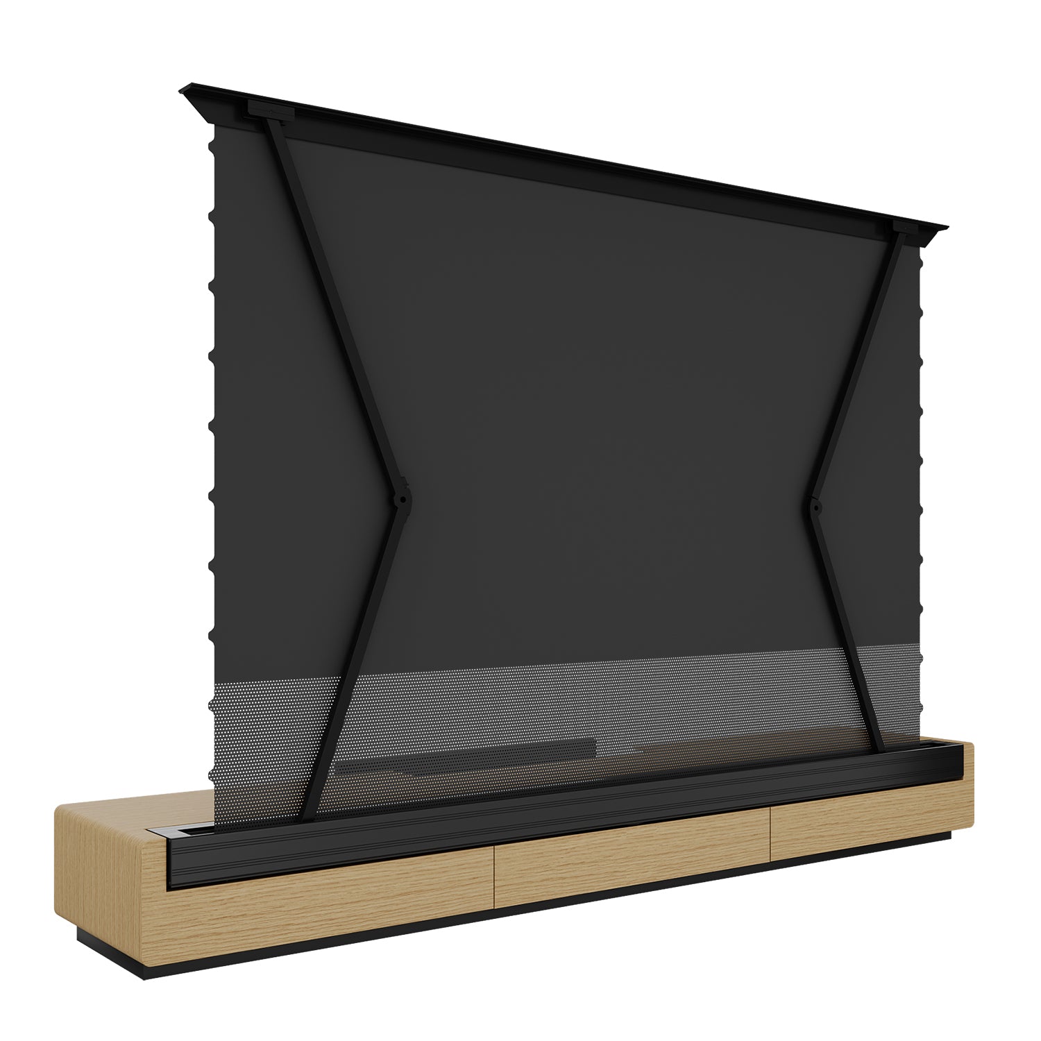 Rear view of the Shore Oak projector cabinet showing the motorized support mechanism for the floor-rising screen