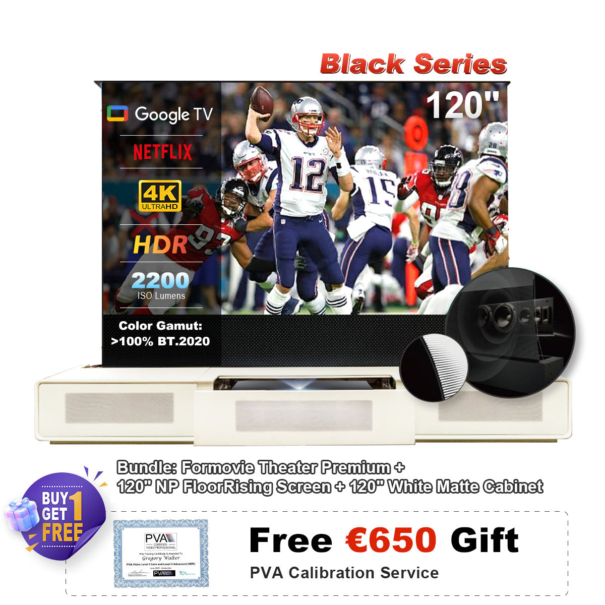 (Sada) Formovie Theatre Premium + motorizovaná ALR obrazovka Black Series + laserová TV skříň (předem sestavená)