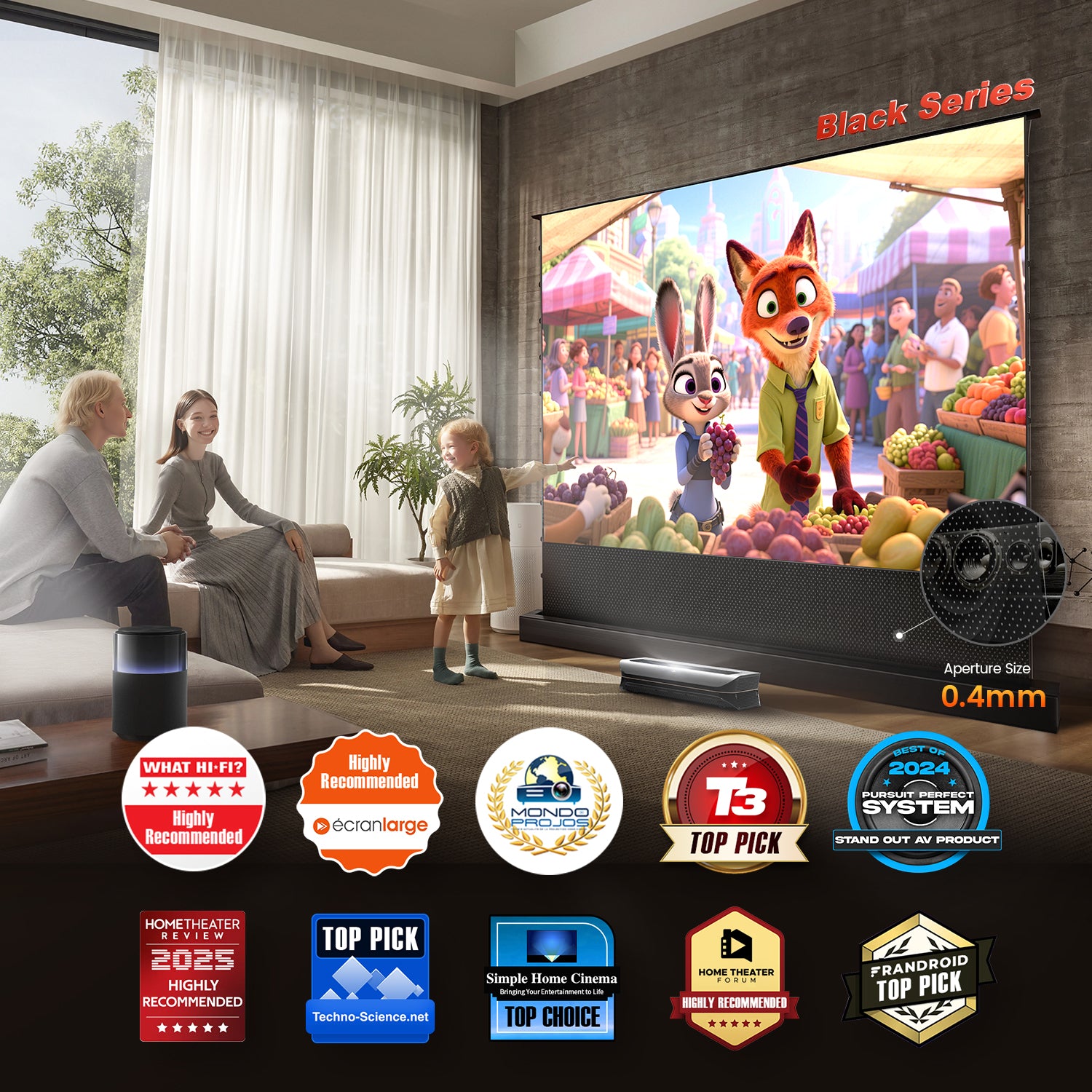 The NothingProjector Black Series ALR Motorized Floor Rising Screen is highly recommended across industry reviews.