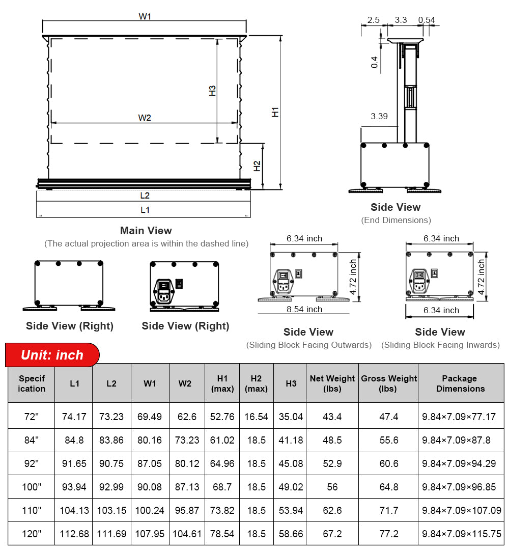 The specific dimension of 84-120" nothingprojector UST projector floor rising ALR screen
