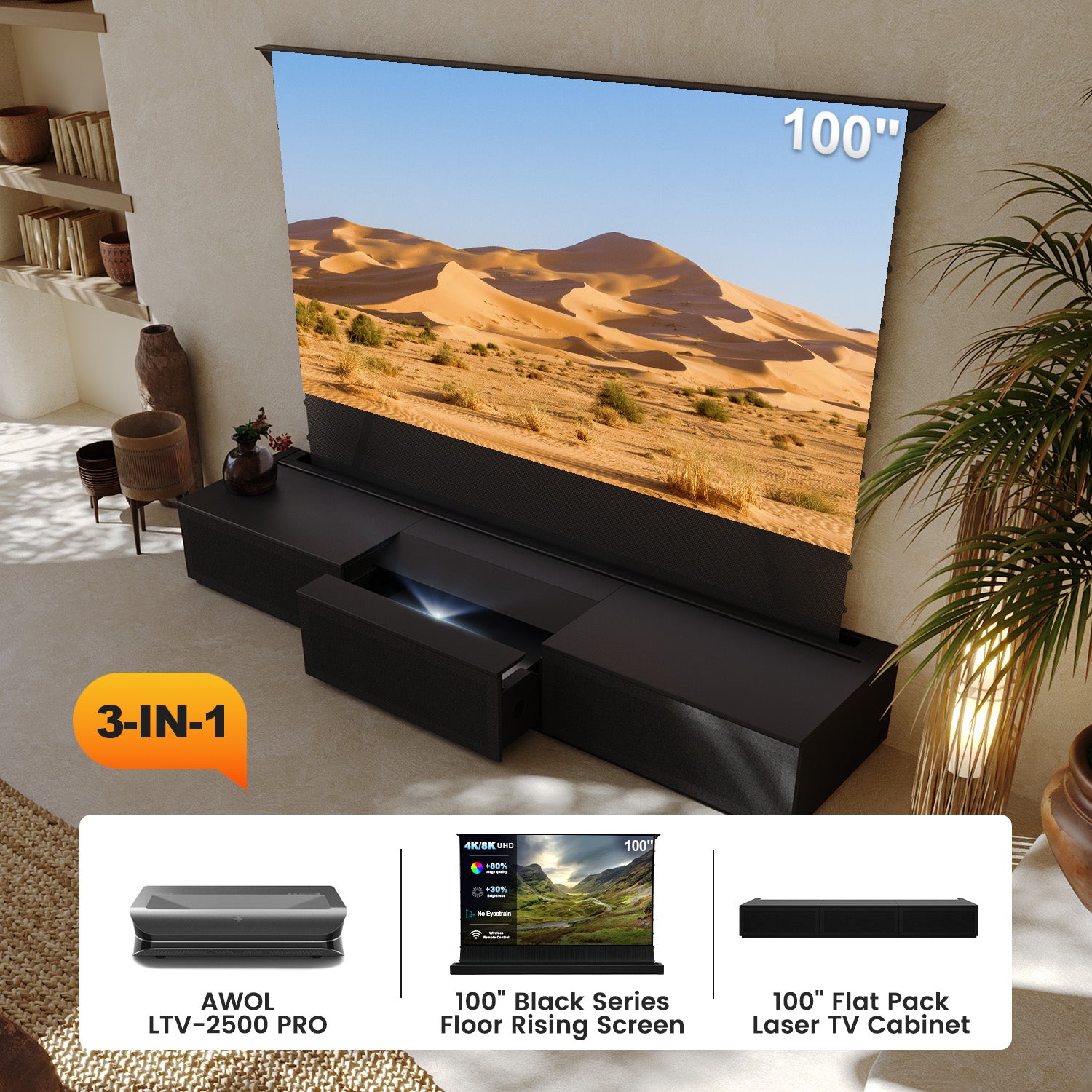Laser TV Cabinet with floor rising screen and awol vision ltv-2500 projector bundle