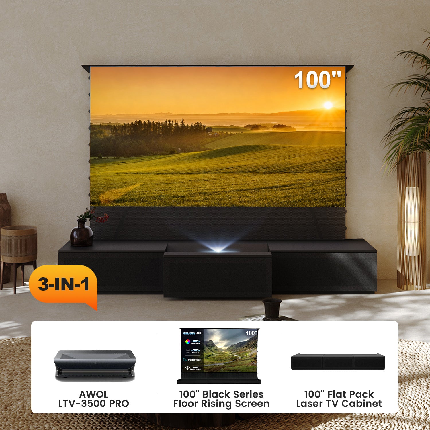 Laser TV Cabinet with floor rising screen and awol vision ltv-3500 pro projector bundle