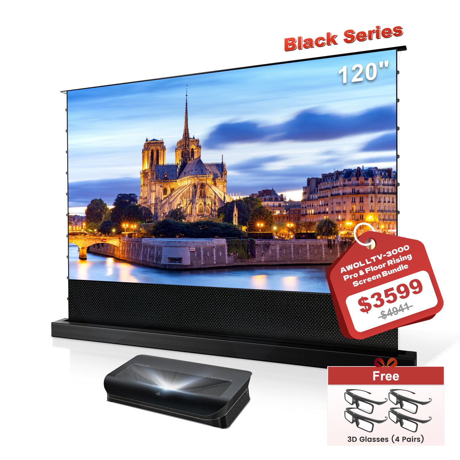 AWOL Vision LTV-3500 Pro/ 3000 Pro 4K UST laserprojektor + Black Series motoriseret gulvskærm med hævefunktion pakke