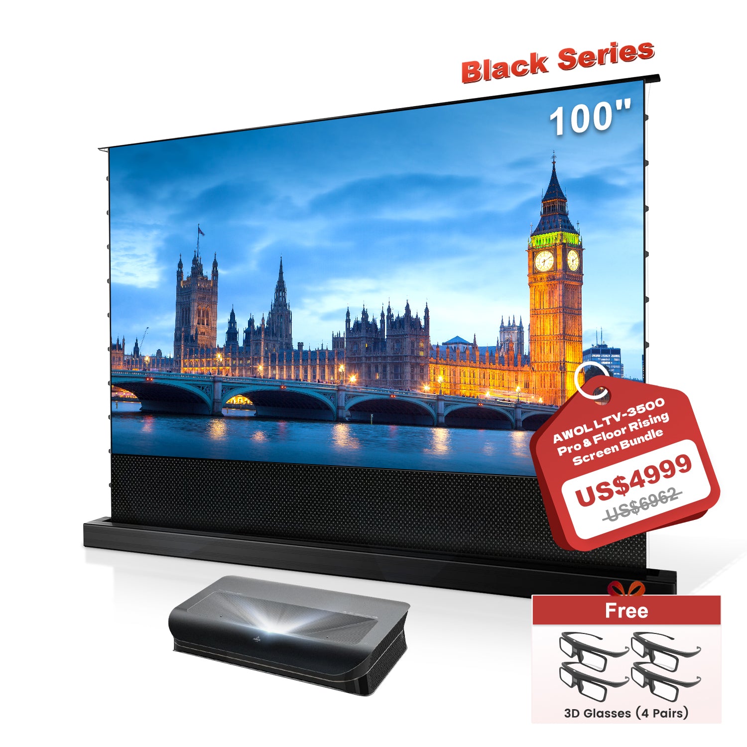 AWOL Vision LTV-3500 Pro/ 3000 Pro 4K UST laserprojektor + Black Series motoriseret gulvskærm med hævefunktion pakke