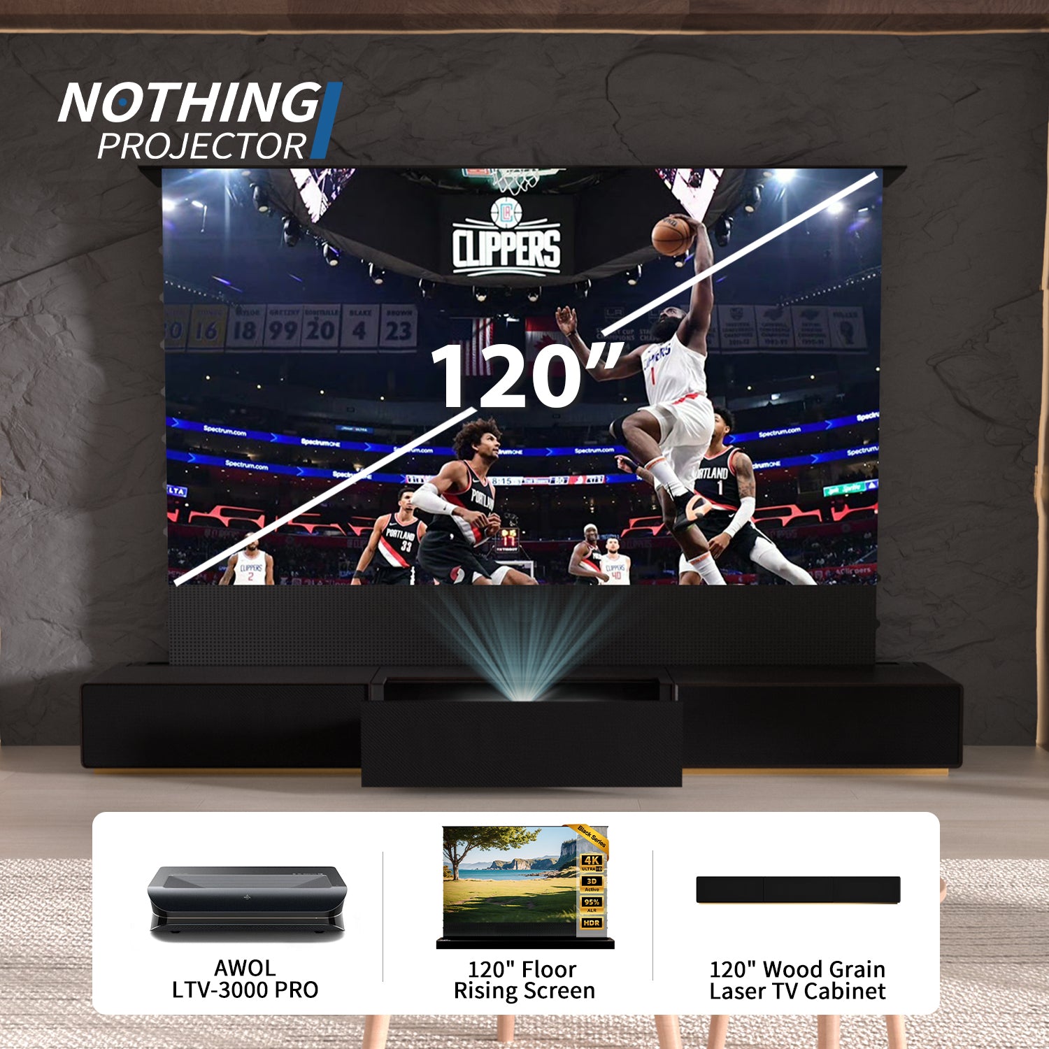 (Pakke) AWOL VISION LTV-3000/3500 PRO + Black Series motoriseret ALR-skærm + Laser TV-skab