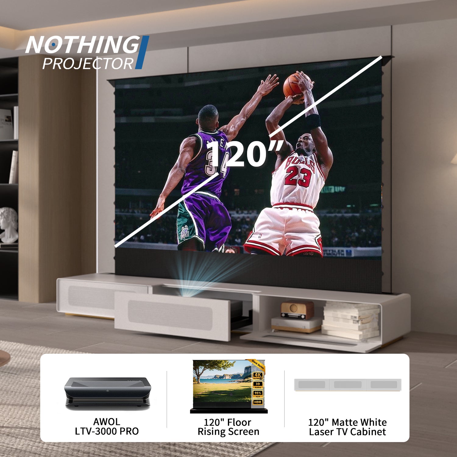 (Pakke) AWOL VISION LTV-3000/3500 PRO + Black Series motoriseret ALR-skærm + Laser TV-skab