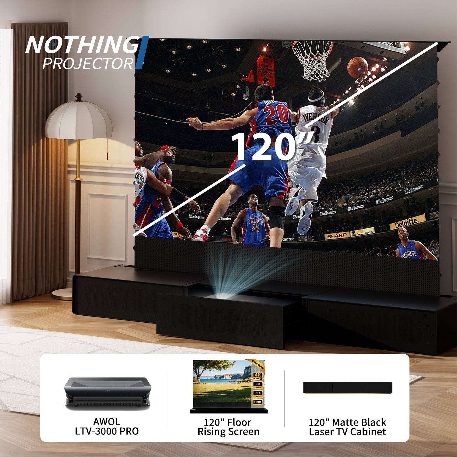 (Pakke) AWOL VISION LTV-3000/3500 PRO + Black Series motoriseret ALR-skærm + Laser TV-skab