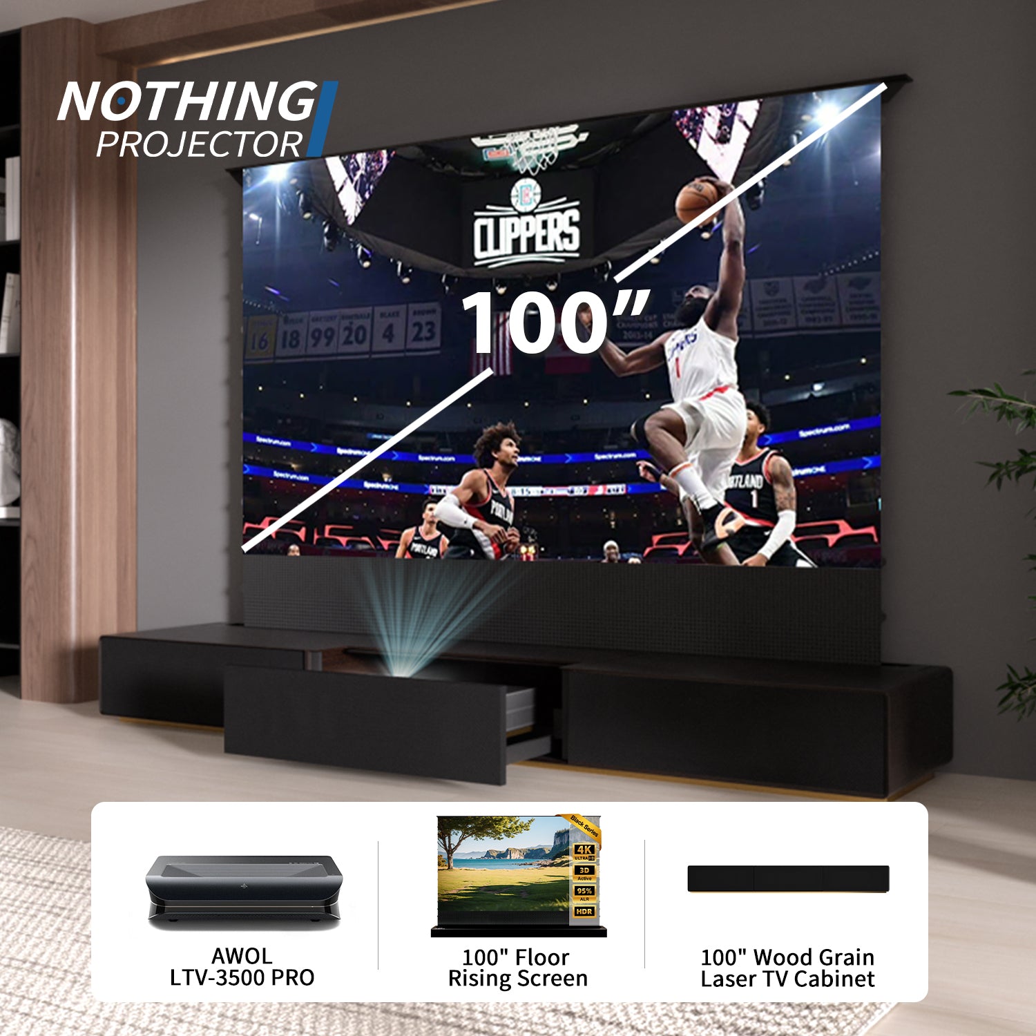 (Pakke) AWOL VISION LTV-3000/3500 PRO + Black Series motoriseret ALR-skærm + Laser TV-skab