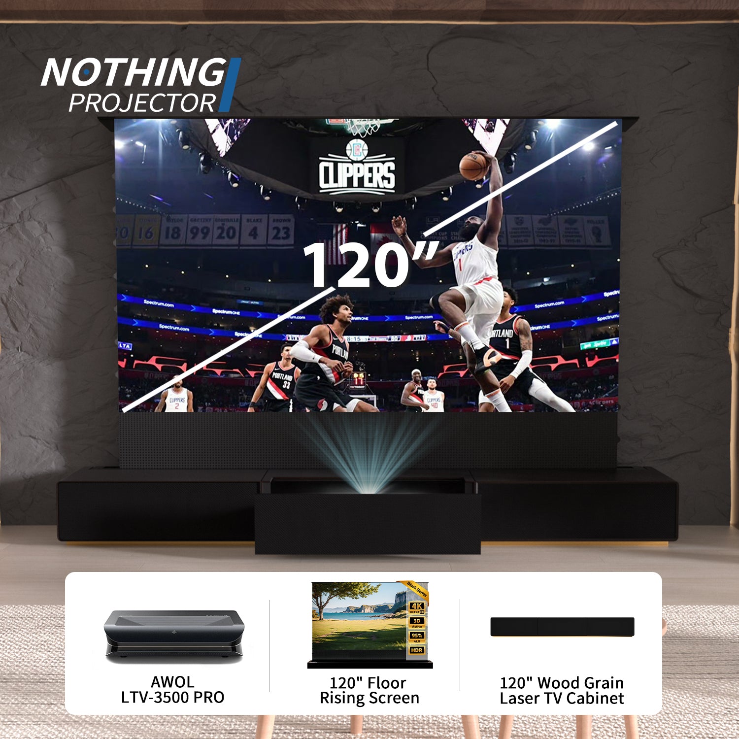 (Pakke) AWOL VISION LTV-3000/3500 PRO + Black Series motoriseret ALR-skærm + Laser TV-skab