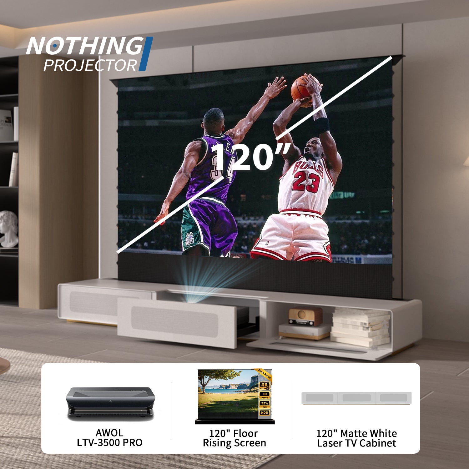 (Pakke) AWOL VISION LTV-3000/3500 PRO + Black Series motoriseret ALR-skærm + Laser TV-skab