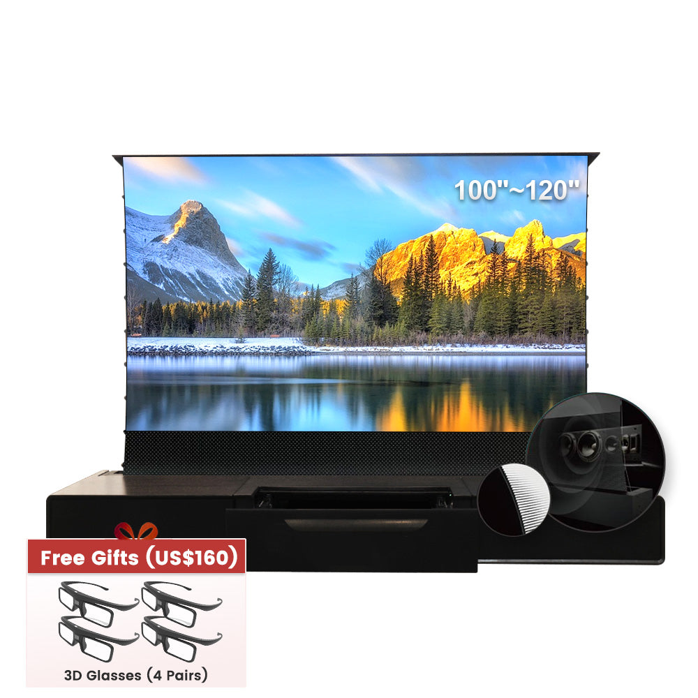 Shore Wood Grain Pre Assembled UST Projector Cabinet with 100-120 Inch Black Series Motorized Floor Rising Screen Bundle Free 3D Glasses for NothingProjector