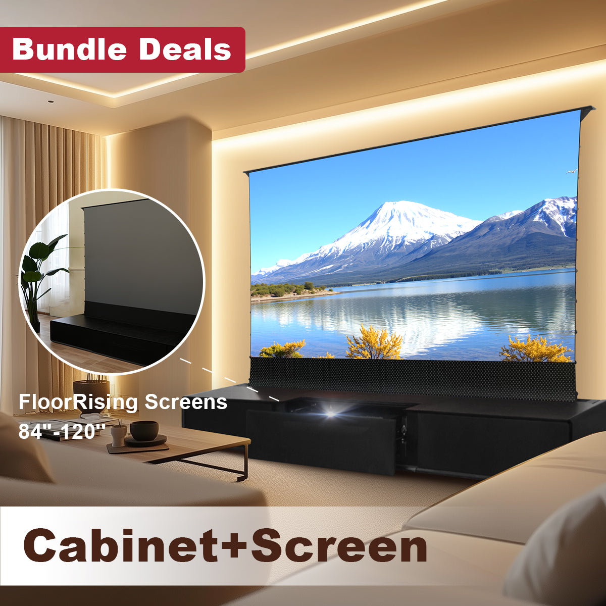 Shore Wood Grain UST Projector Cabinet + Motorized Floor Rising Screen Bundle(Cabinet Pre-Assembled)