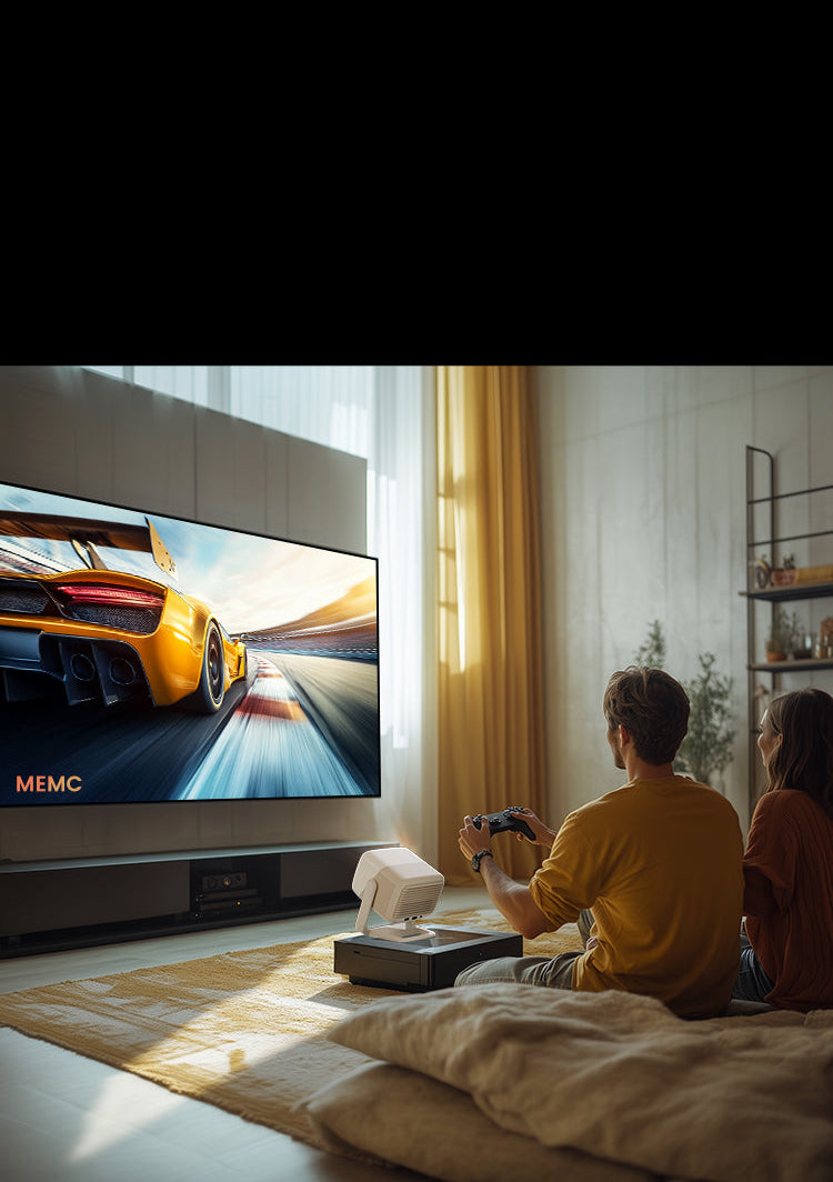 A dynamic racing game projects vividly from the JMGO N1S Nano, immersing players in high-speed driving action.