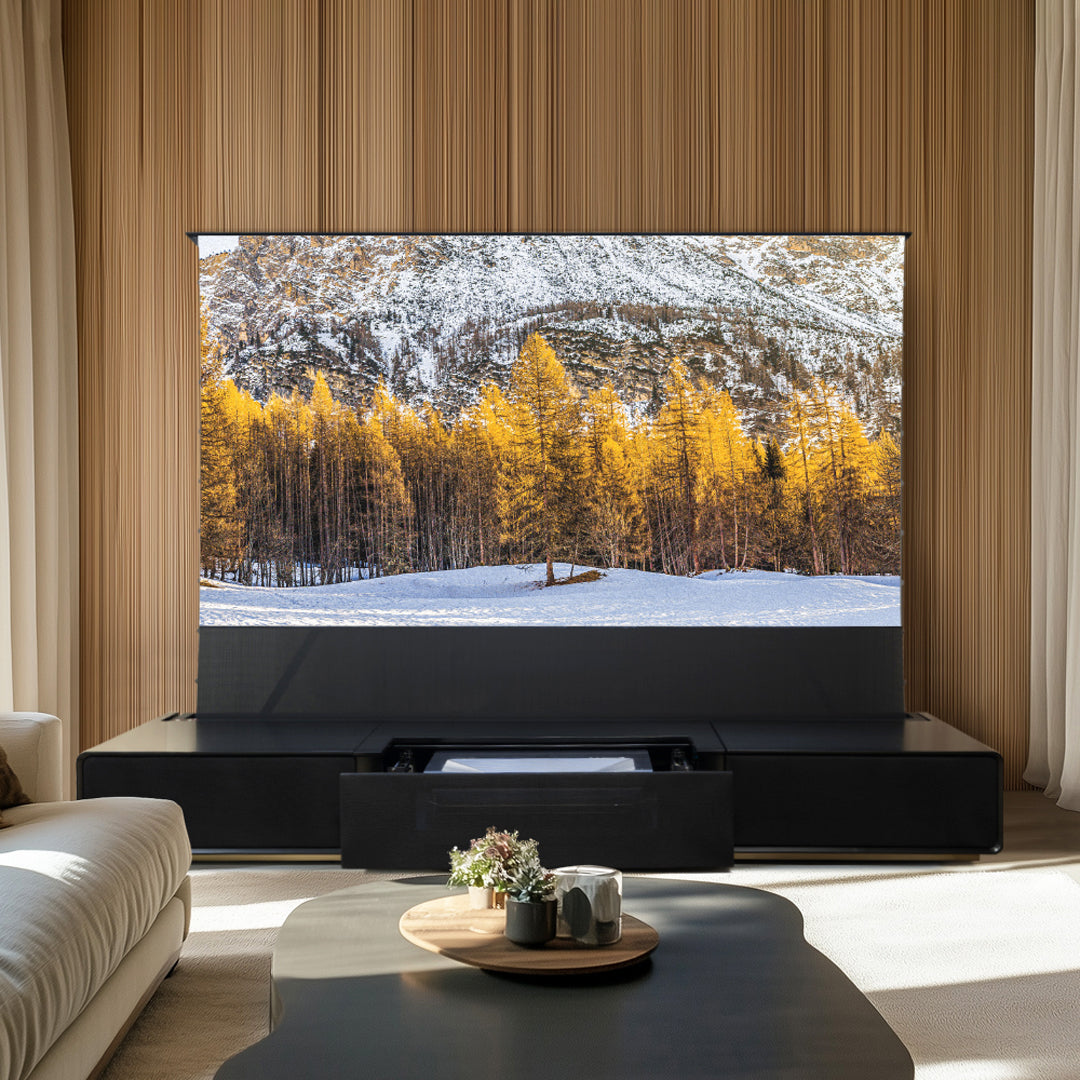 Shore UST-projektor Matte skap + motorisert gulvstigende skjermbunt (forhåndsmontert)