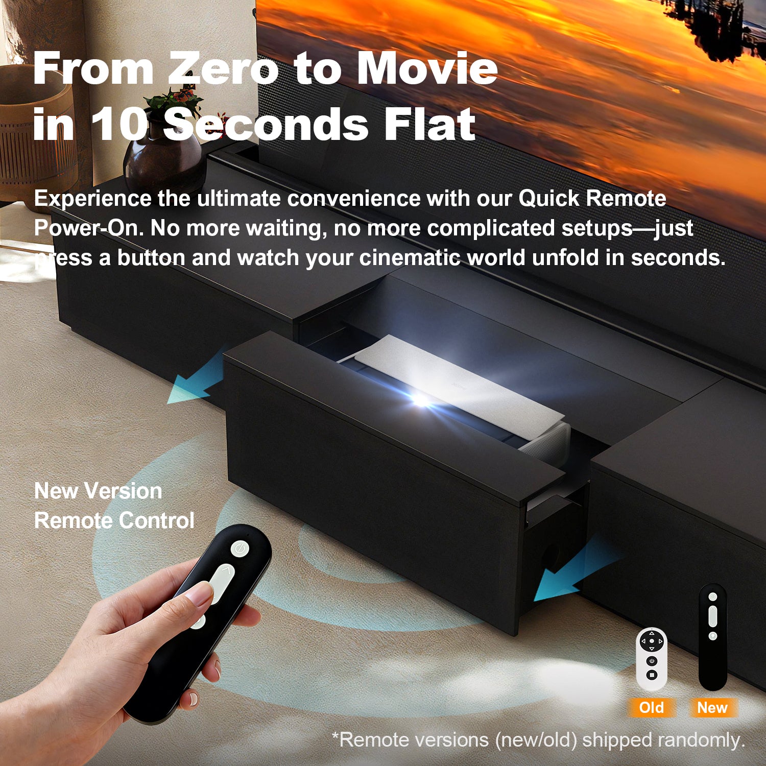 Shore Black flat-pack laser TV cabinet motorized drawer opening via remote.