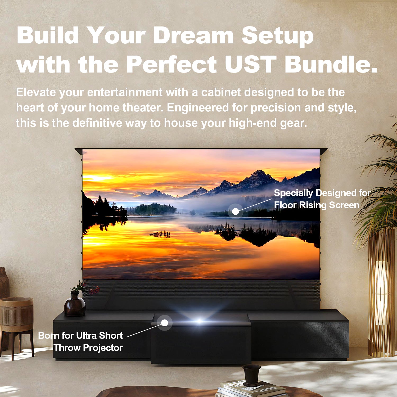 Full home theater setup with Shore Black Motorized Laser TV Cabinet and floor rising screen.