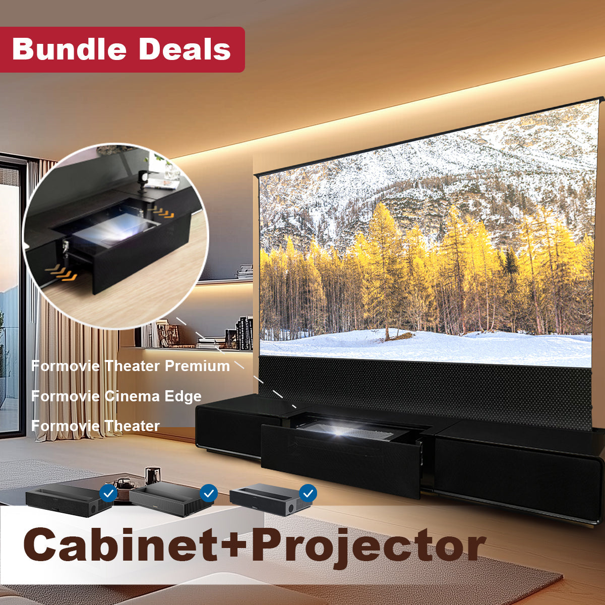 2-in-1 bundle deals pairing the pre-assembled Shore motorized laser TV cabinet with compatible UST projectors like XGIMI Aura 2, AWOL Vision, and Formovie