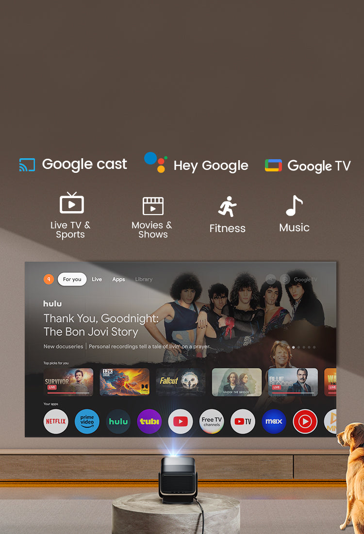 JMGO N1S Infinity features Google TV with access to over 10,000 apps for unlimited entertainment options.