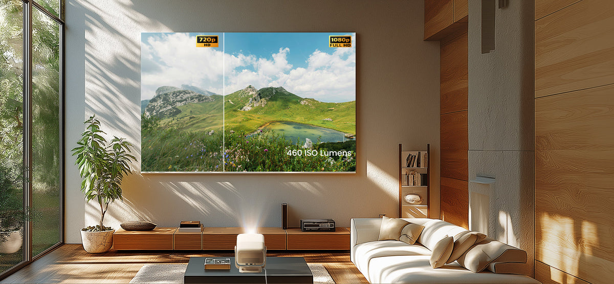 JMGO N1S Nano delivers vibrant 1080p HD clarity with 460 ISO lumens for sharp image quality.
