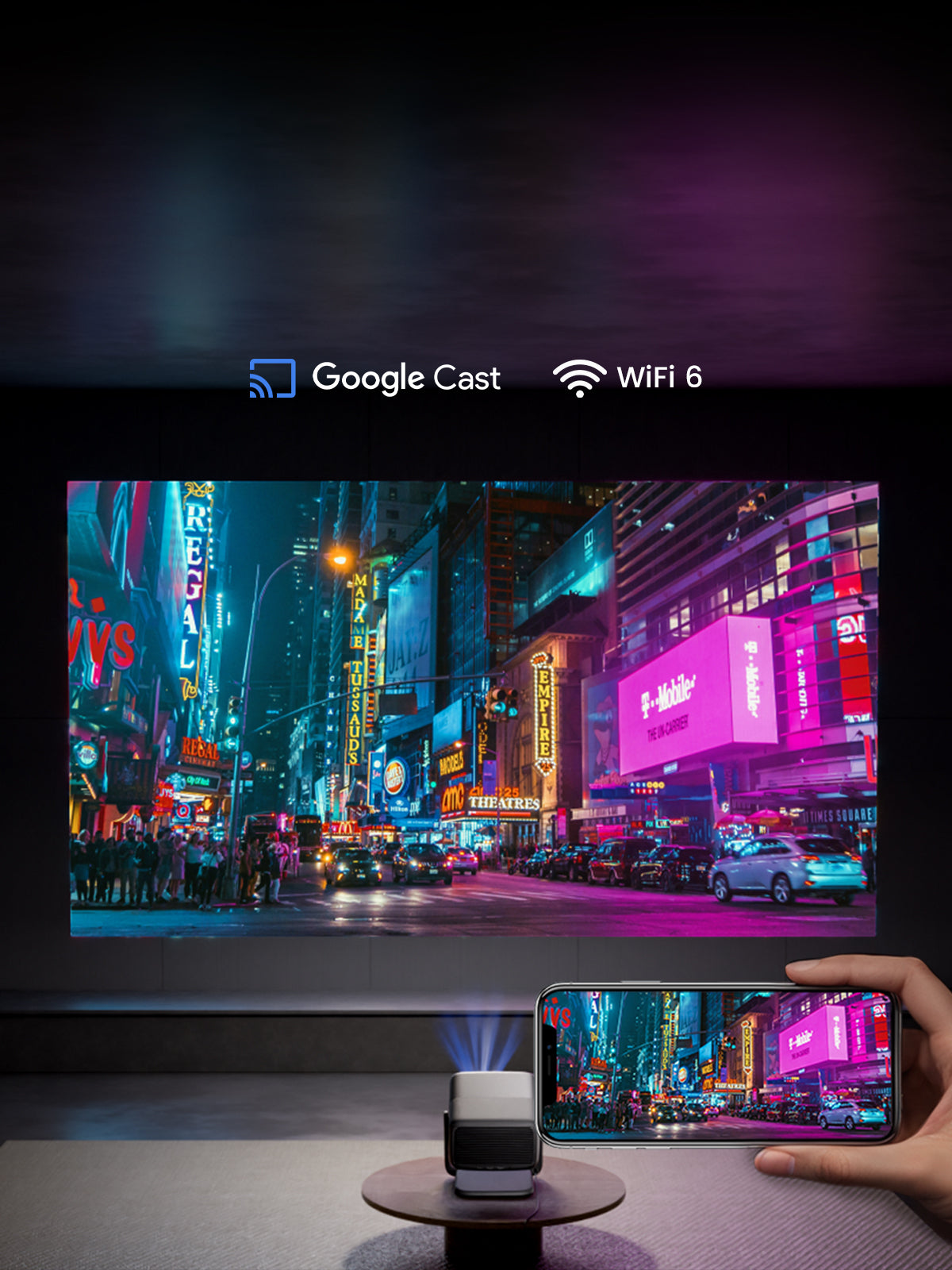 JMGO N1S Ultimate features built-in Google Cast for effortless wireless streaming from your mobile devices.