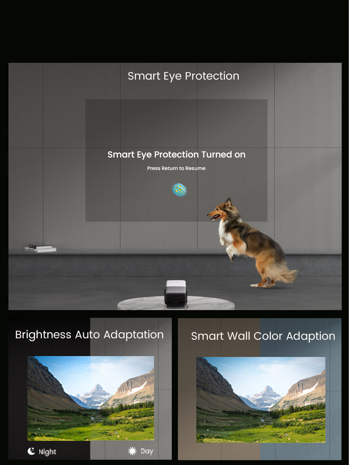 JMGO N1S Ultimate features Flexismart adaptive system with auto brightness and wall color adaptation for perfect image quality.