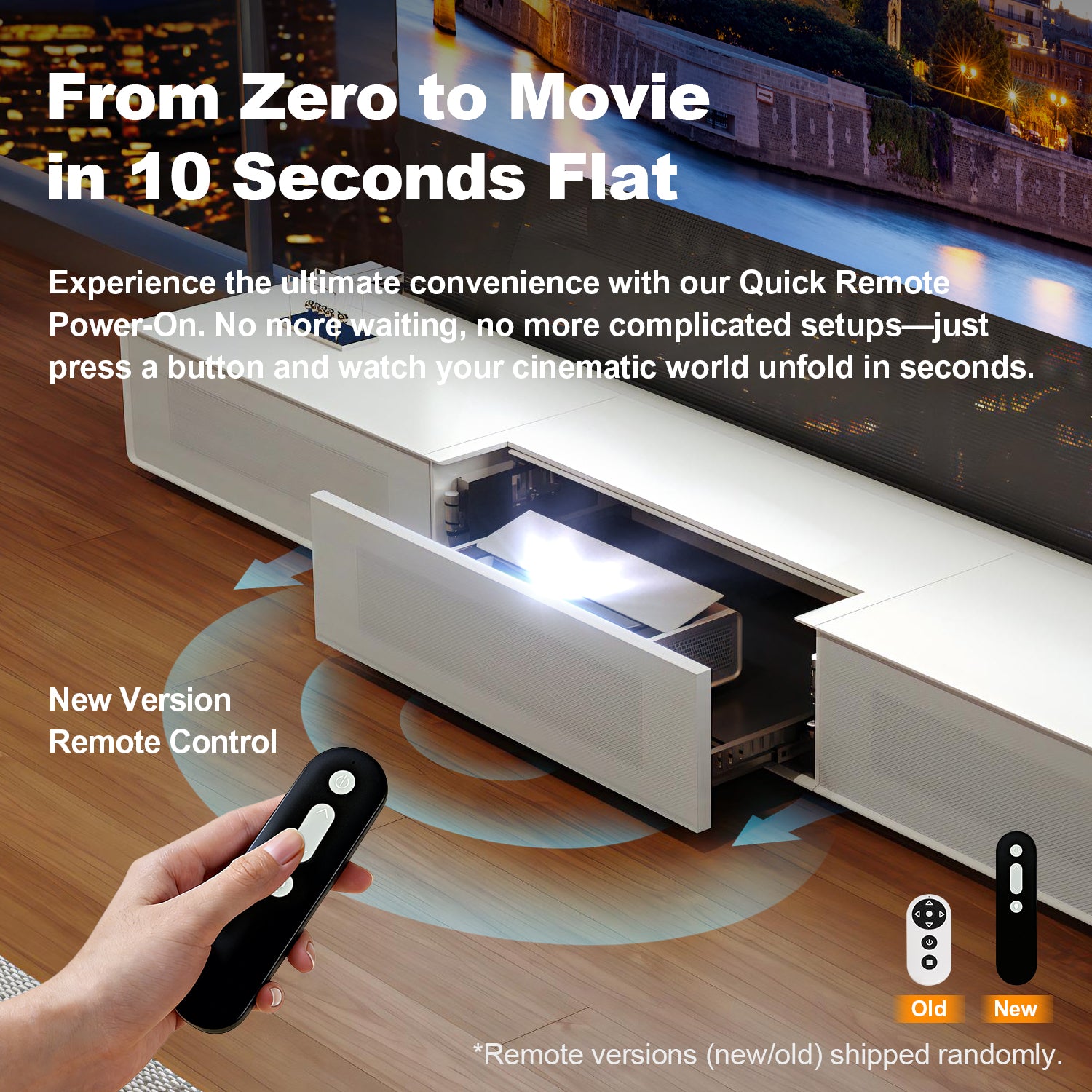 Quick 10-second power on Shore Matte pre-assembled motorized laser TV cabinet going from zero to movie.