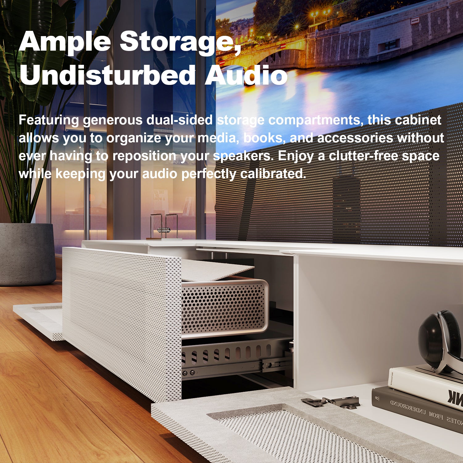 Ample storage and undisturbed audio features in this white Shore Matte pre-assembled UST projector cabinet