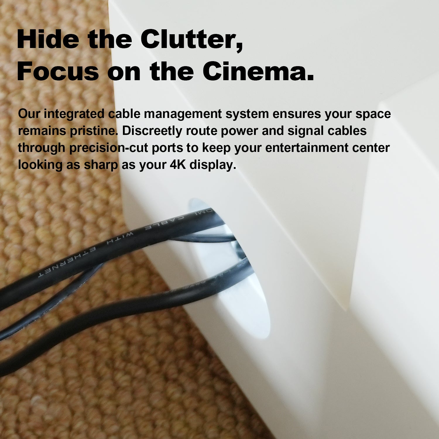 Hide the clutter with integrated cable management in this Shore Matte pre-assembled laser TV cabinet