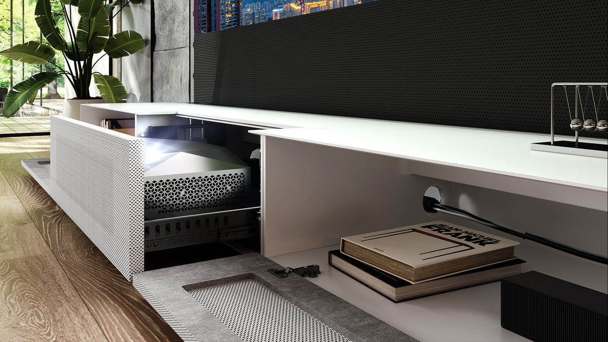 Motorized Laser TV Cabinet with Streamlined Media Storage & Concealed Cable System