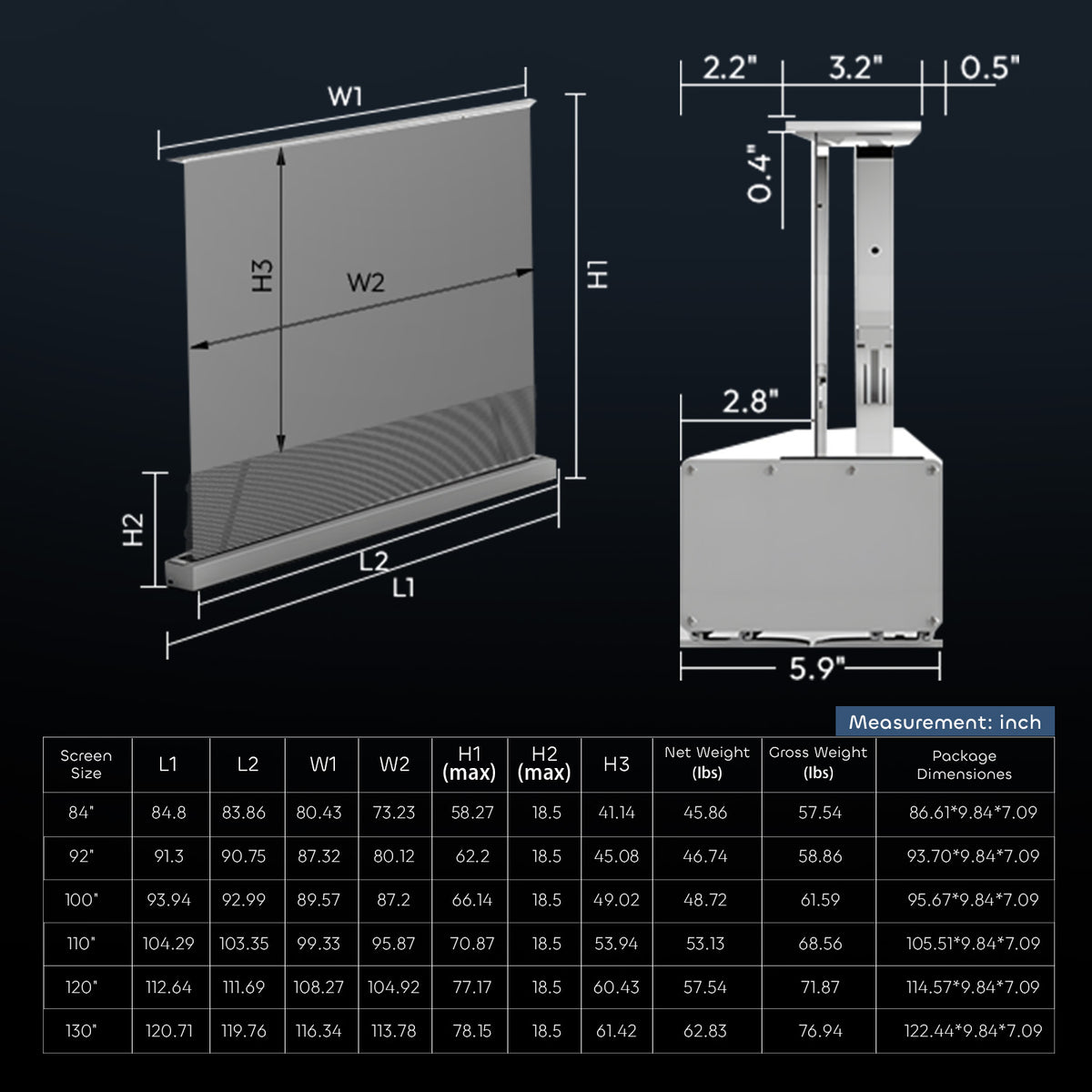 84''-130'' NothingProjector Black Series 95% ALR Motorized Floor Rising Screen For UST Projector