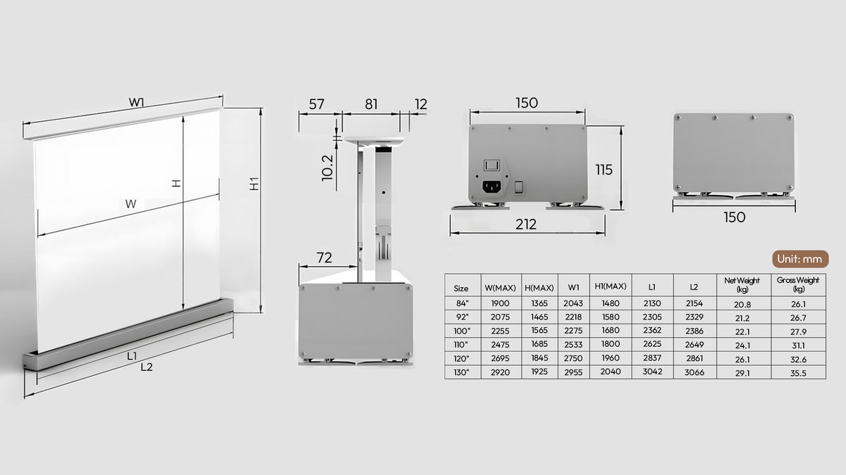 Nothingprojector white floor rising Screen size - mm