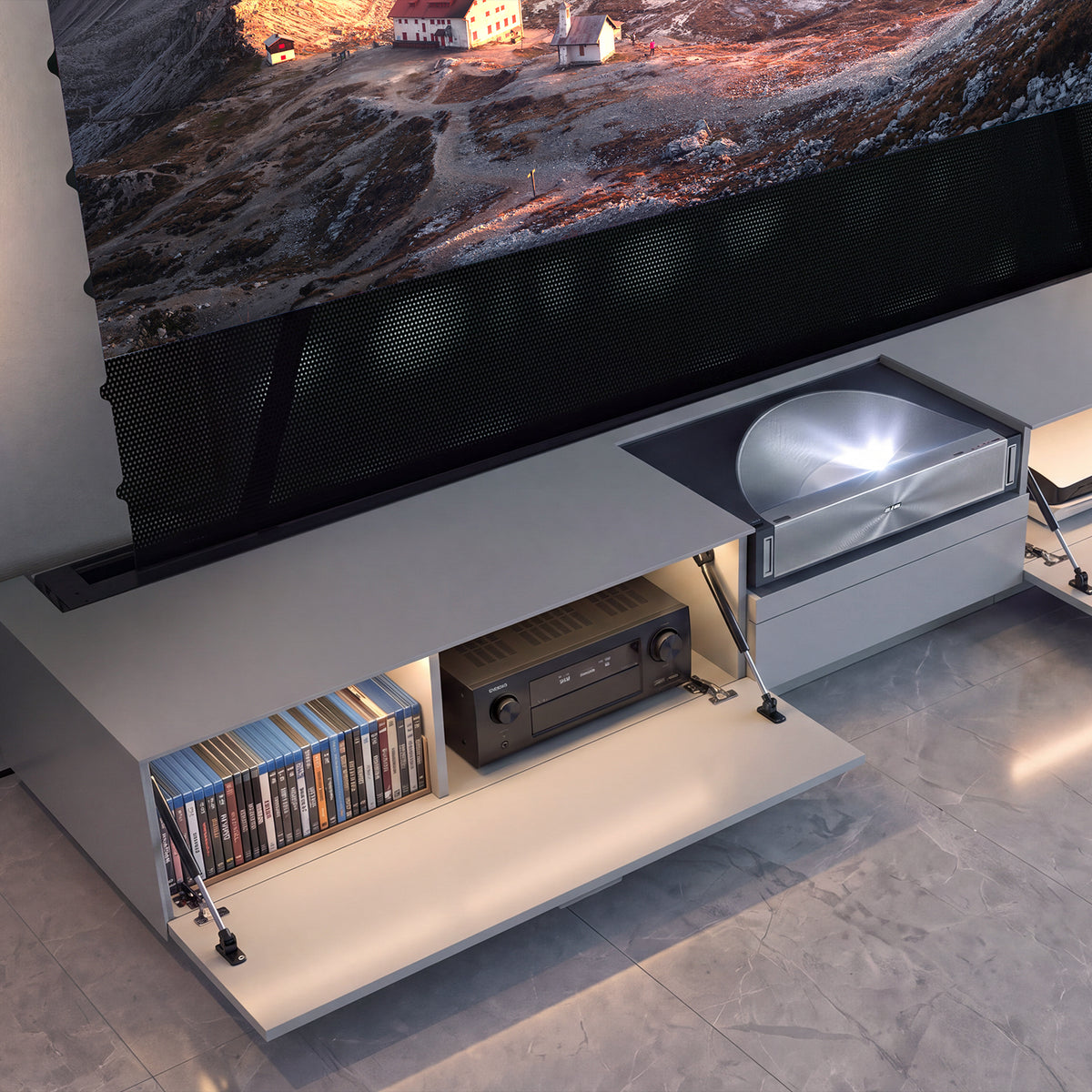 NothingProjector gray motorized laser TV cabinet with a floor rising ALR screen, scene view 04