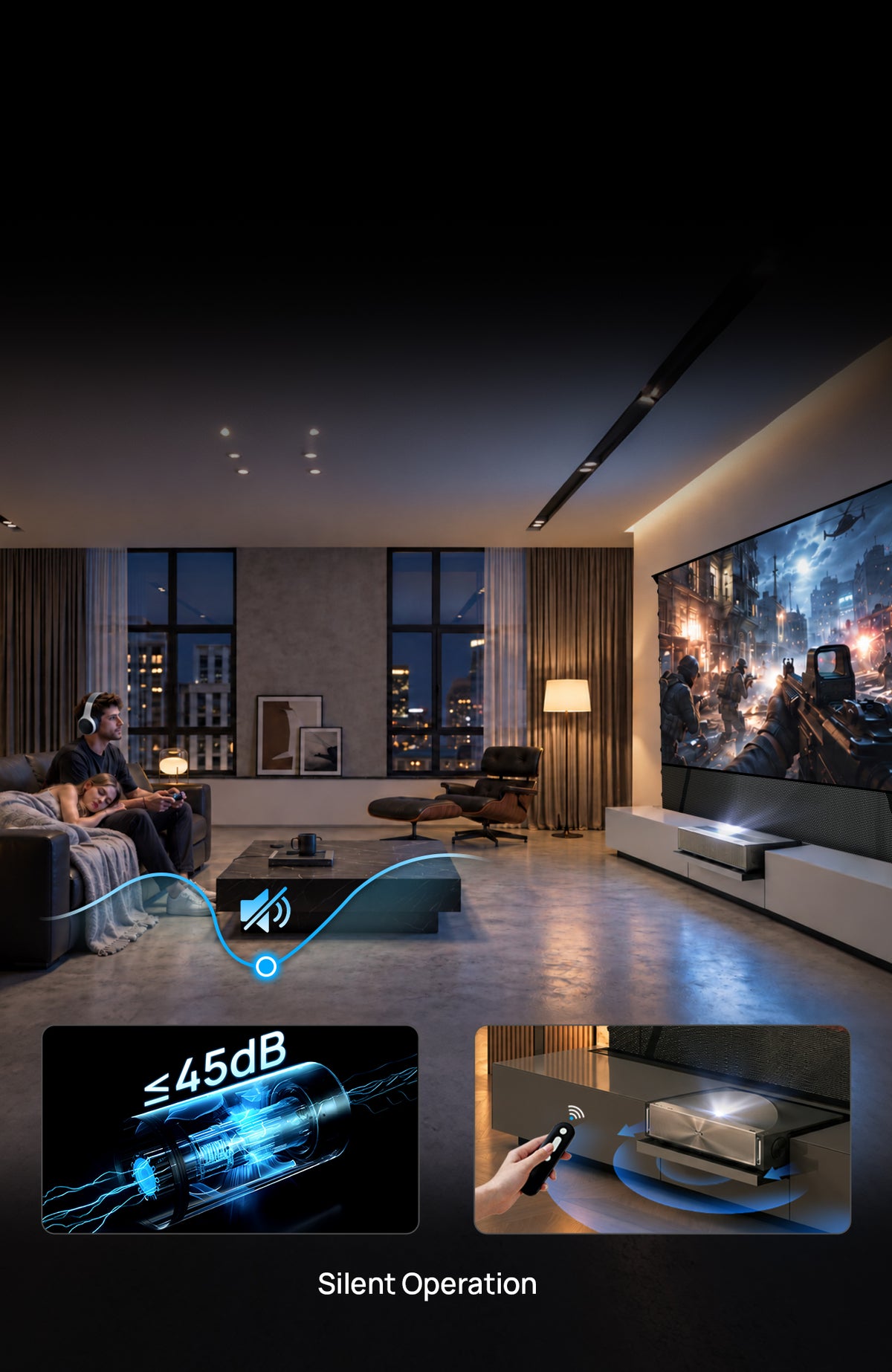 Whisper-quiet industrial-grade motor of the NothingProjector gray laser TV cabinet rated at 45dB or less